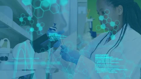 Animation of scientific data processing african american female scientist in Stock Footage 330179783