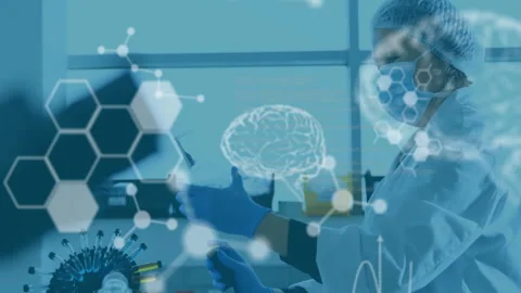 Animation of scientific data processing and human brain over female scientist in 库存影片 309974625