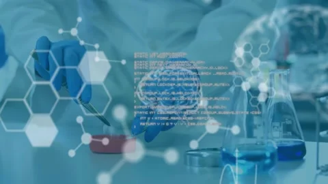 Animation of scientific data processing and human brains over scientist in Stock Footage 326631677