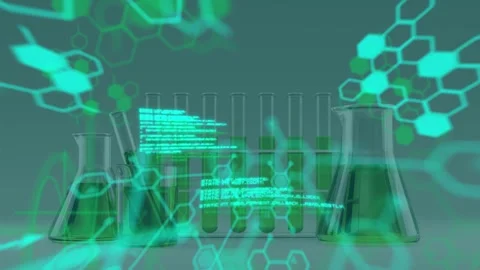 Animation of scientific data processing and chemical structures over laboratory Stock Footage 330166649