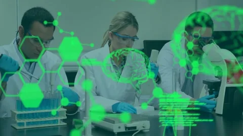 Animation of scientific data processing and human brains over diverse scientists Stock Footage 330251429