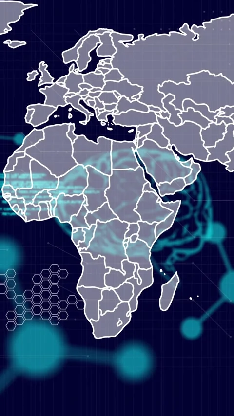 Animation of scientific data processing and human brain with world map over dark Stock Footage 342707995