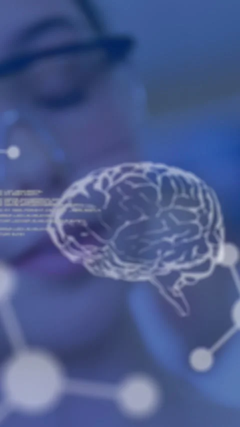 Animation of scientific data processing and human brains over caucasian female Stock Footage 344783504