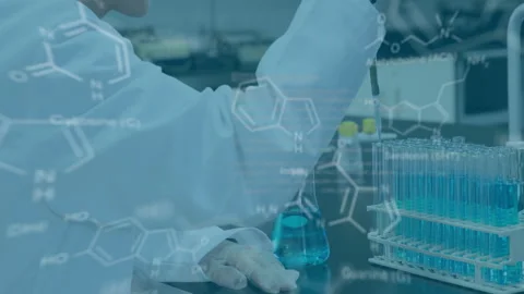 Animation of scientific data processing caucasian female scientist in laboratory Stock Footage 309974626