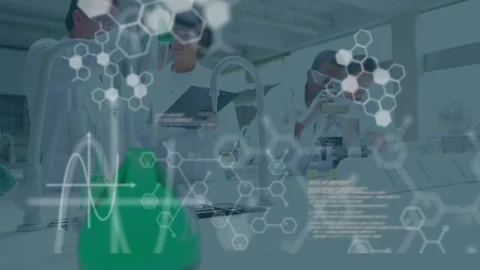 Animation of scientific data processing over group of scientist in laboratory Stock Footage 162904160