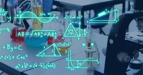 Animation of scientific data processing over beakers and test tubes in Stock Footage 232544631