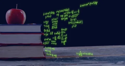 Animation of scientific data processing over apple on stack of books Stock Footage 241064859
