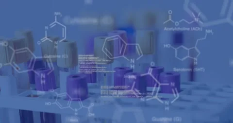 Animation of scientific data processing over test tubes in laboratory Stock Footage 247261245