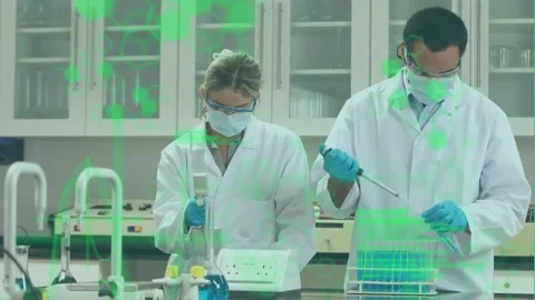 Animation of scientific data processing over caucasian scientists working in Stock Footage 257201787