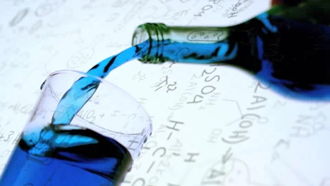 Animation of scientific data processing over liquid in laboratory beaker Stock Footage 309841779