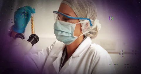 Animation of scientific data processing over caucasian female scientist in Видео 310156167