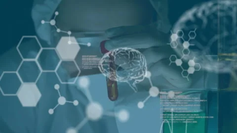 Animation of scientific data processing over caucasian male scientist in Video stock 310590316