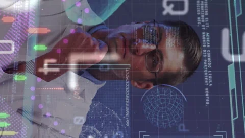 Animation of scientific data processing over caucasian male doctor Stockbeeldmateriaal 312906118