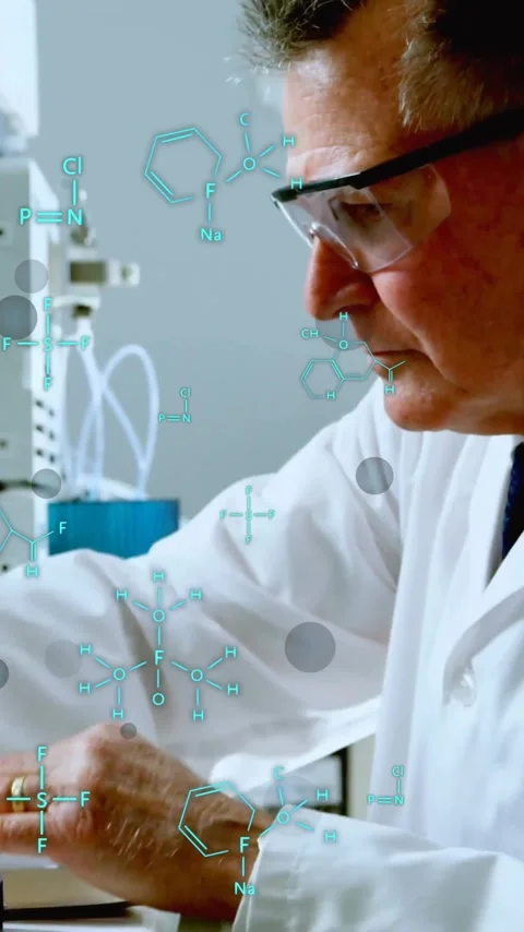 Animation of scientific data processing over caucasian male scientist in Stock Footage 323780660