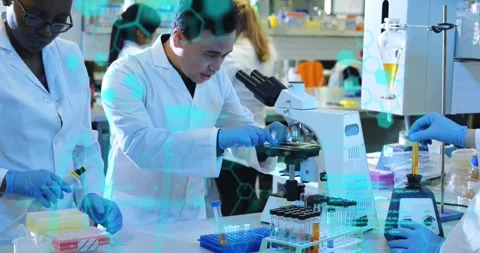 Animation of scientific data processing over diverse scientists in laboratory Stock Footage 326189339