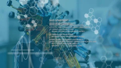 Animation of scientific data processing over test tubes spinning in laboratory Stock Footage 326626200