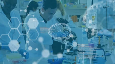 Animation of scientific data processing over diverse scientists in laboratory Stock Footage 327356797