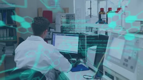 Animation of scientific data processing over male caucasian scientist using Stock Footage 327645354