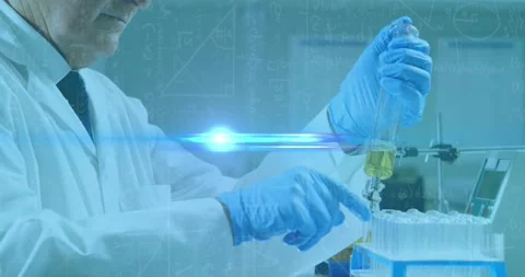 Animation of scientific data processing over caucasian male scientist in Stock Footage 327849193