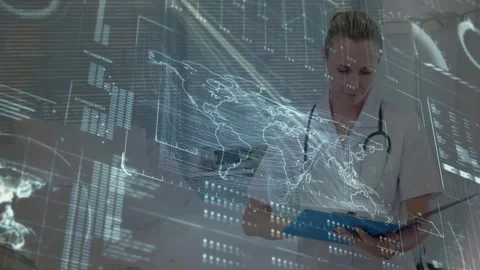 Animation of scientific data processing over caucasian female doctor Stock Footage 329704254
