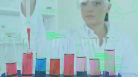 Animation of scientific data processing over caucasian female scientist working Stock Footage 329775691