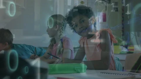Animation of scientific data processing over female scientist using computer Stock Footage 329863208