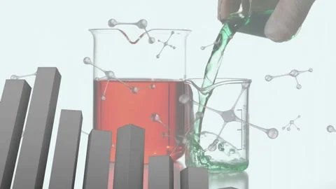 Animation of scientific data processing over laboratory beakers Stock Footage 330172655