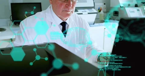 Animation of scientific data processing over male scientist using computer Stock Footage 330468404