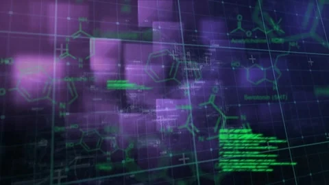 Animation of scientific data processing over grid and purple squares Stock Footage 330469796