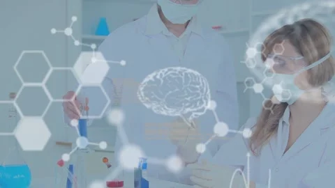 Animation of scientific data processing over diverse scientists in face masks in Stock Footage 330659067