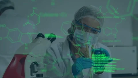 Animation of scientific data processing over caucasian female scientist in Stock Footage 330725300