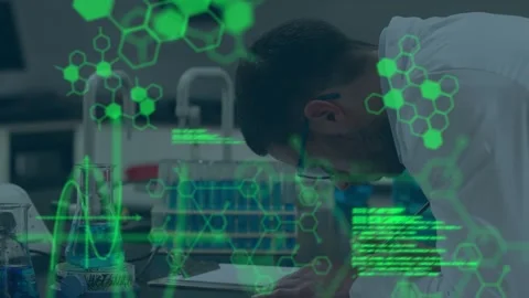 Animation of scientific data processing over male scientist writing in Stock Footage 330731591