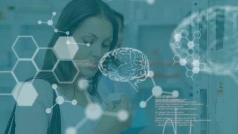 Animation of scientific data processing over caucasian woman searching for Stock Footage 330770648