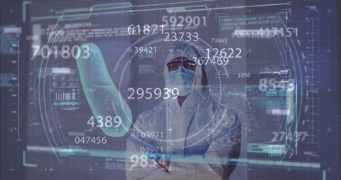 Animation of scientific data processing over male doctor in face mask and ppe Stock Footage 330776448