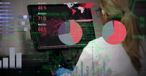 Animation of scientific data processing over caucasian female scientist in Stock Footage 330776554