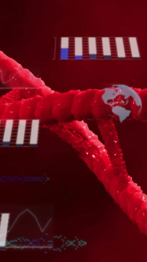 Animation of scientific data processing over dna strand spinning Stock Footage 341659730
