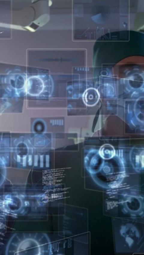 Animation of scientific data processing over screens and surgeons Stock Footage 342594775