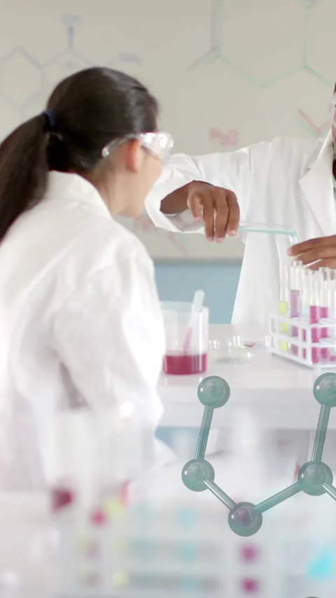 Animation of scientific data processing over diverse students in laboratory Stock Footage 343824307