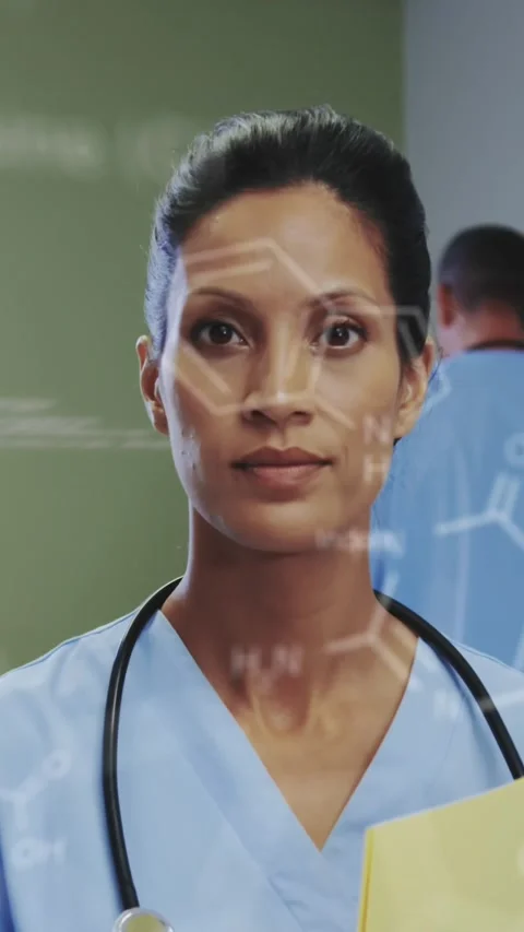 Animation of scientific data processing over female doctor in hospital Stock Footage 344783480