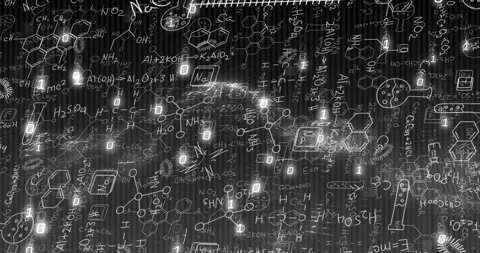 Animation of scientific formulas and molecular structures over digital binary Stock Footage 303588778