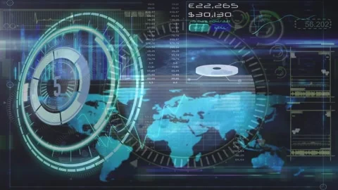 Animation of scope and data processing over world map Stock Footage 329564550