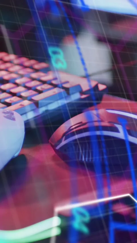 Animation of scope and data processing over video game computer equipment Stock Footage 341918721