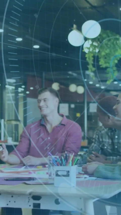 Animation of scope and data processing over diverse business people in office Stock Footage 343902634