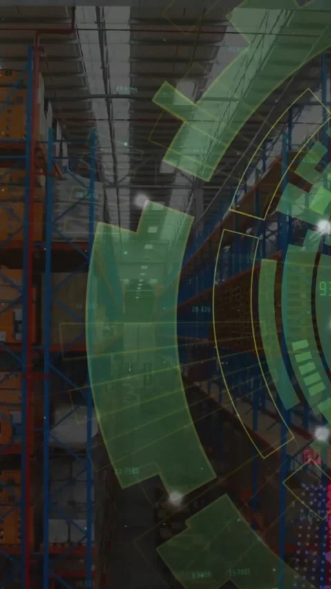 Animation of scope and data processing over warehouse Stock Footage 344244212