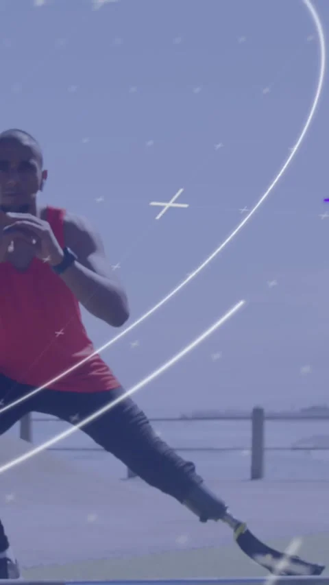 Animation of scope and processing data over male athlete with running blade Stock Footage 324610949
