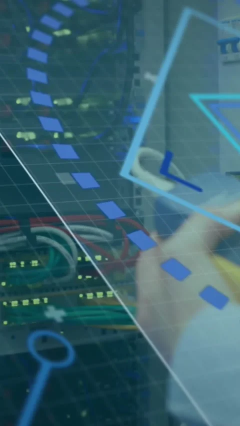 Animation of scope and round scanner over mid section of male engineer working Stock Footage 344636277