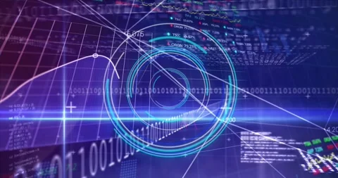 Animation of scope, binary coding and financial data processing over grid Stock Footage 329971498