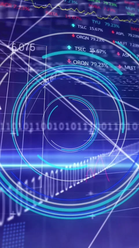 Animation of scope, binary coding and financial data processing over grid Video stock 341976499