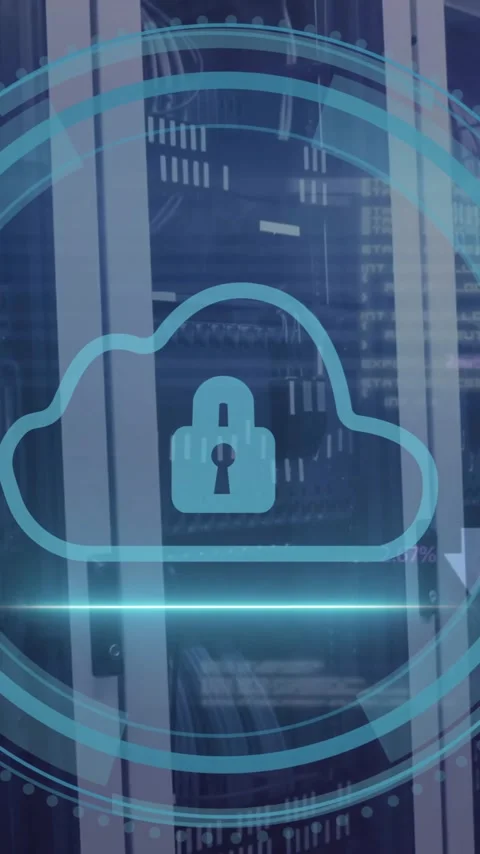Animation of scope with cloud, padlock and data processing over computer servers Stock Footage 343127495