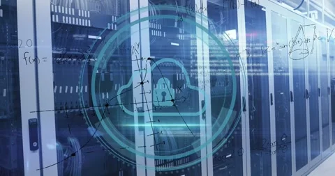 Animation of scope with digital cloud and data processing over computer servers Stock Footage 329978392